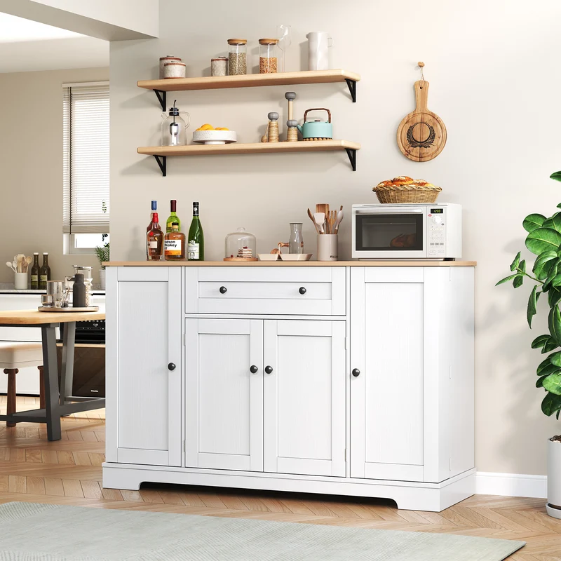 Buffet de cuisine blanc et effet bois 1 tiroir et 4 portes, étagères réglables LIGNIN