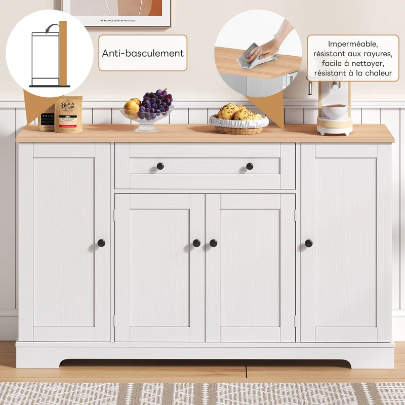 Buffet de cuisine blanc et effet bois 1 tiroir et 4 portes, étagères réglables LIGNIN
