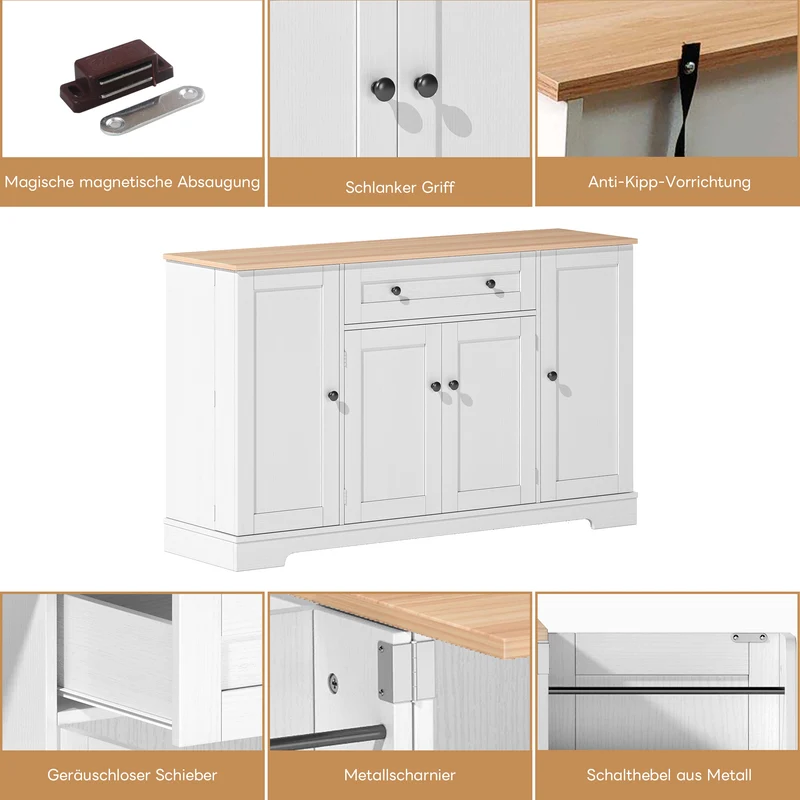 Buffet de cuisine blanc et effet bois 1 tiroir et 4 portes, étagères réglables LIGNIN