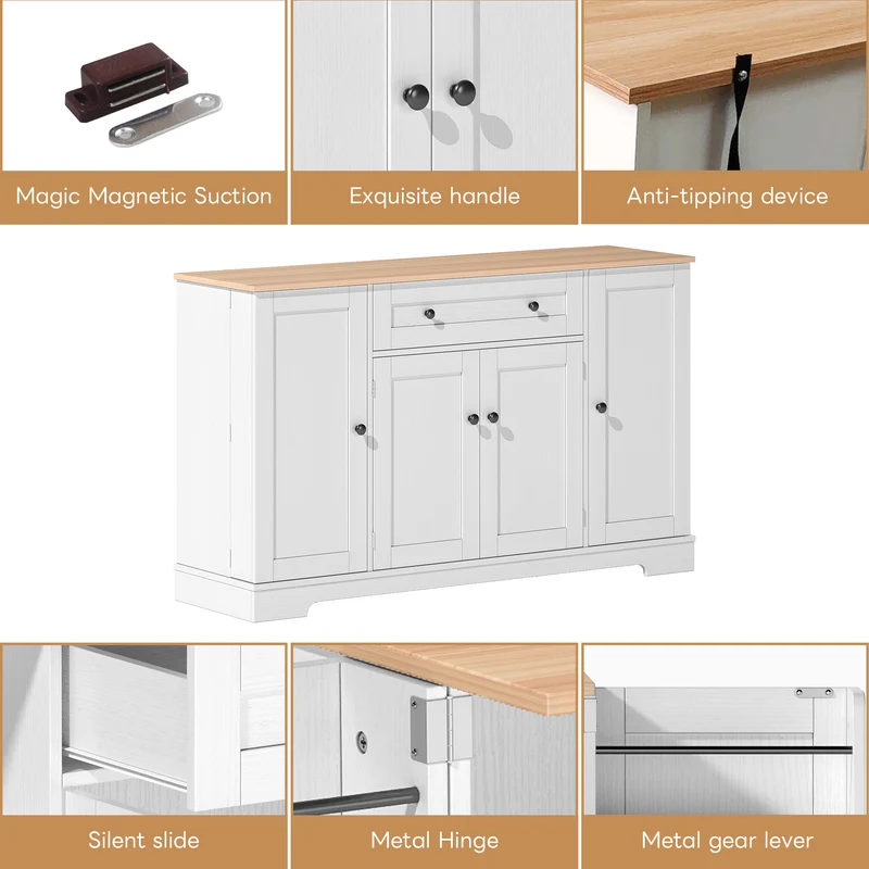Buffet de cuisine blanc et effet bois 1 tiroir et 4 portes, étagères réglables LIGNIN
