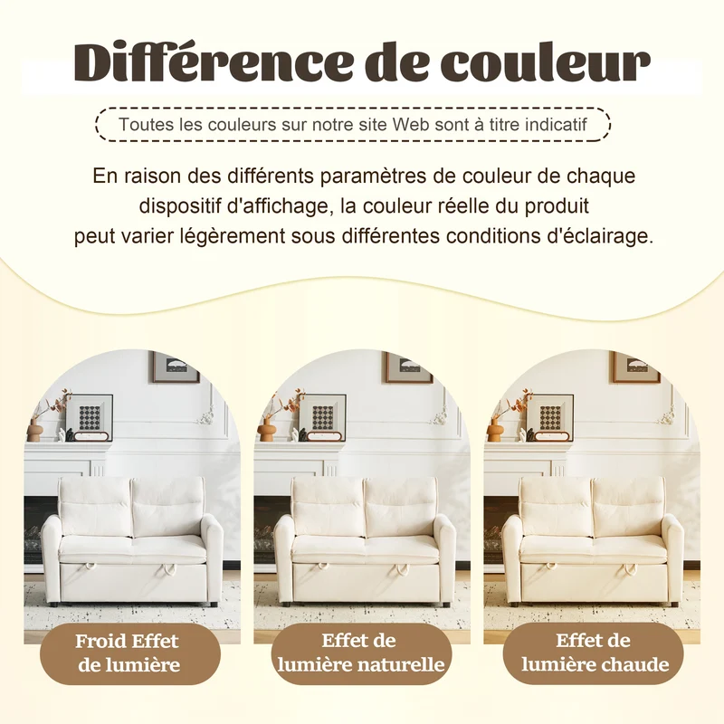 Canapé-lit convertible 2 places velours beige clair, dossier 5 positions RIDGEGLEN