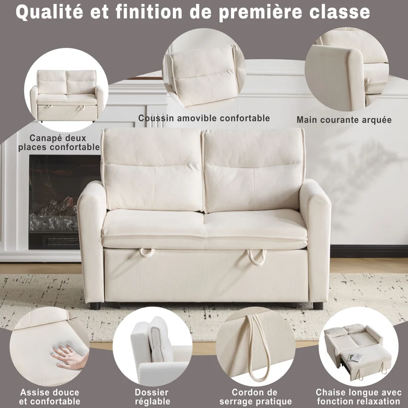Canapé-lit convertible 2 places velours beige clair, dossier 5 positions RIDGEGLEN