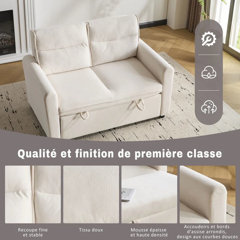 Canapé-lit convertible 2 places velours beige clair, dossier 5 positions RIDGEGLEN
