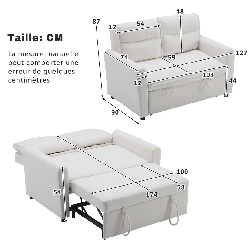 Canapé-lit convertible 2 places velours beige clair, dossier 5 positions RIDGEGLEN