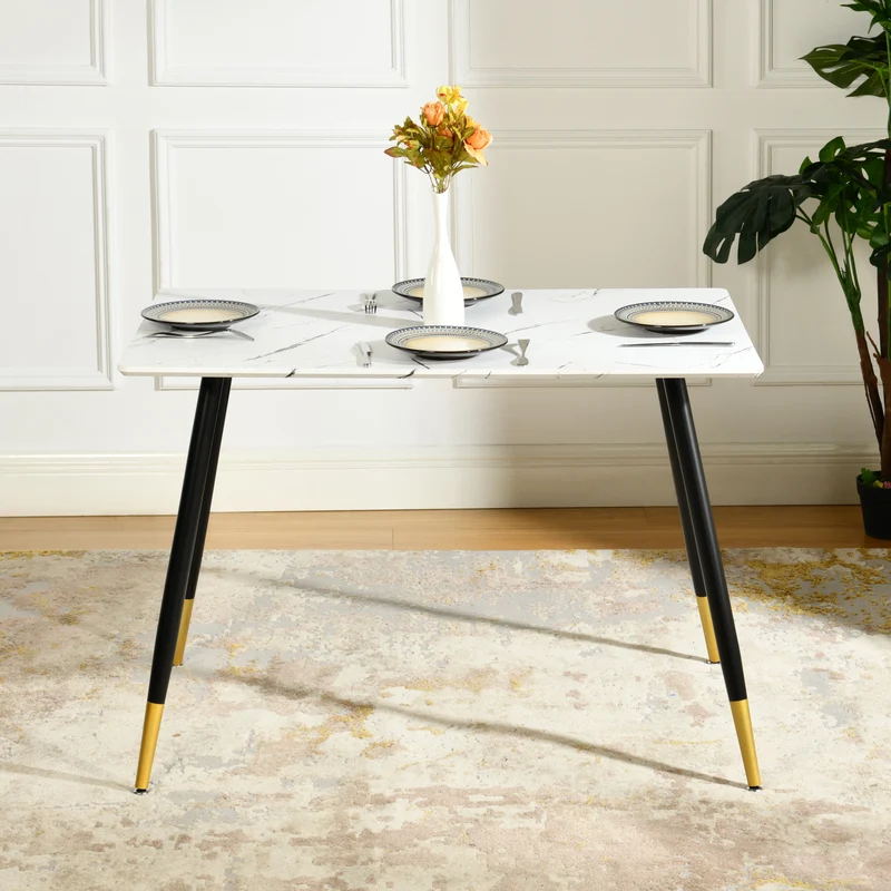Table de salle à manger rectangulaire effet marbre blanc de style scandinave pieds points dorés 110x70cm WHALEN MARBLE TABLE BG