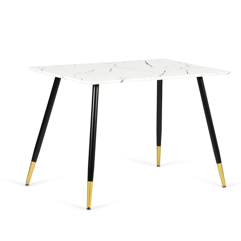 Table de salle à manger rectangulaire effet marbre blanc de style scandinave pieds points dorés 110x70cm WHALEN MARBLE TABLE BG