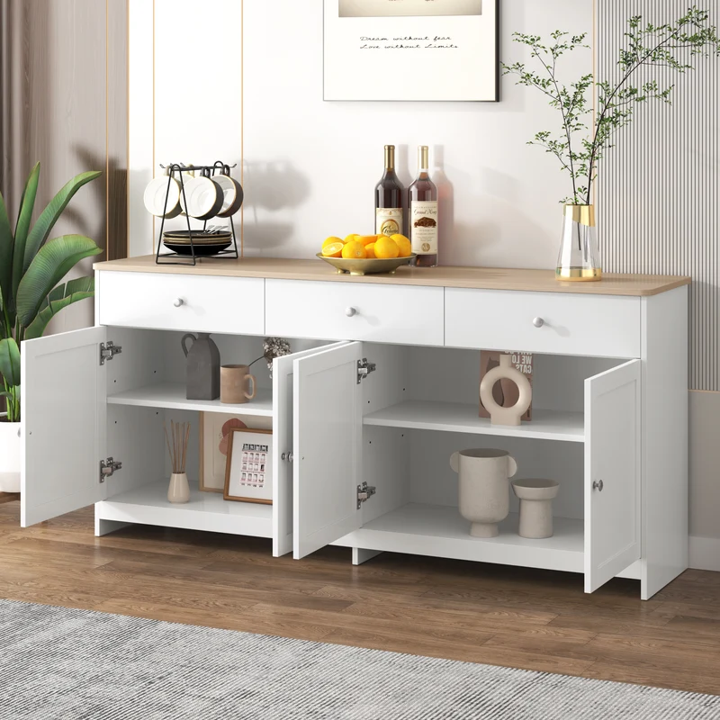 Buffet blanc et effet bois 4 portes 3 tiroirs 160*37*75cm STAANKIL