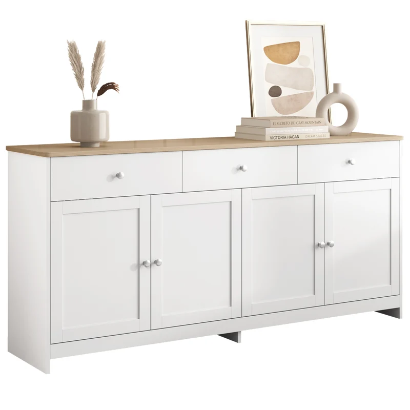 Buffet blanc et effet bois 4 portes 3 tiroirs 160*37*75cm STAANKIL