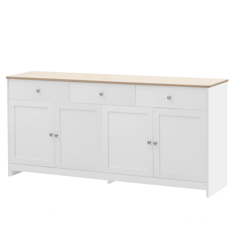 Buffet blanc et effet bois 4 portes 3 tiroirs 160*37*75cm STAANKIL