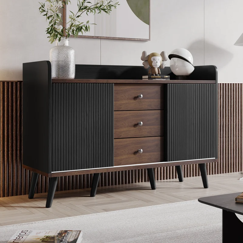 Buffet élégant vintage effet bois noyer et noir avec 2 portes coulissantes VEKAID BLACK