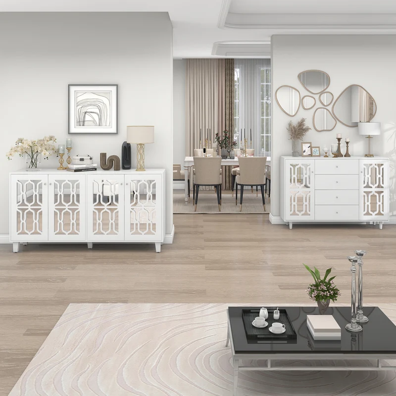 Buffet blanc design 4 portes miroir motif géométrique et poignées en cristal froid 160*40*84cm VOVRATH WHITE