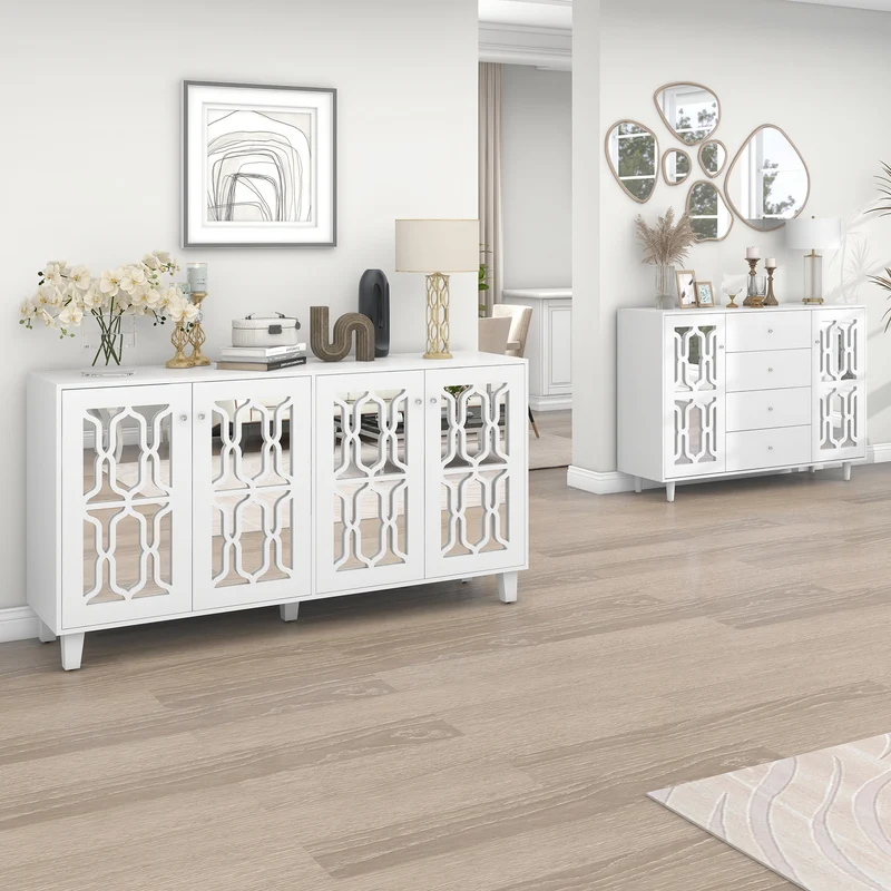 Buffet blanc design 4 portes miroir motif géométrique et poignées en cristal froid 160*40*84cm VOVRATH WHITE