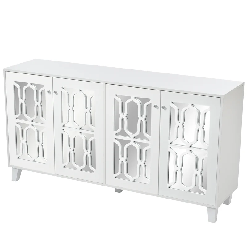 Buffet blanc design 4 portes miroir motif géométrique et poignées en cristal froid 160*40*84cm VOVRATH WHITE