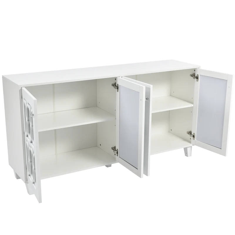 Buffet blanc design 4 portes miroir motif géométrique et poignées en cristal froid 160*40*84cm VOVRATH WHITE