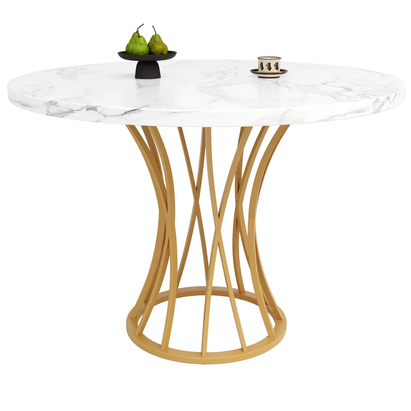 Table ronde de salle à manger effet marbré blanc, pieds dorés (80 x 80 x 76 cm) KROGZEX GOLD