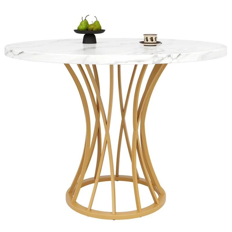 Table ronde de salle à manger effet marbré blanc, pieds dorés (80 x 80 x 76 cm) KROGZEX GOLD