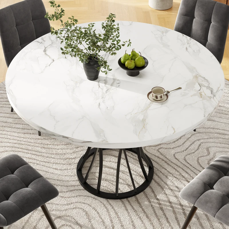 Table ronde de salle à manger effet marbré blanc, pieds noirs (80 x 80 x 76 cm) KROGZEX BLACK