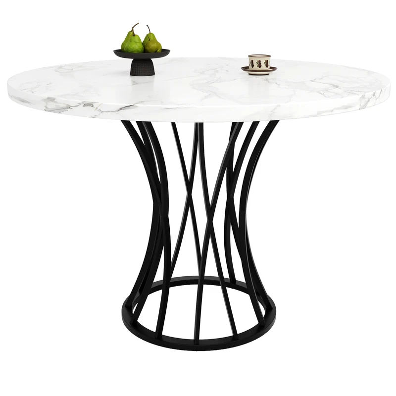 Table ronde de salle à manger effet marbré blanc, pieds noirs (80 x 80 x 76 cm) KROGZEX BLACK