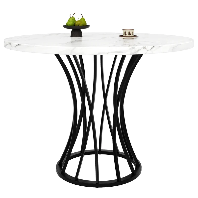 Table ronde de salle à manger effet marbré blanc, pieds noirs (80 x 80 x 76 cm) KROGZEX BLACK