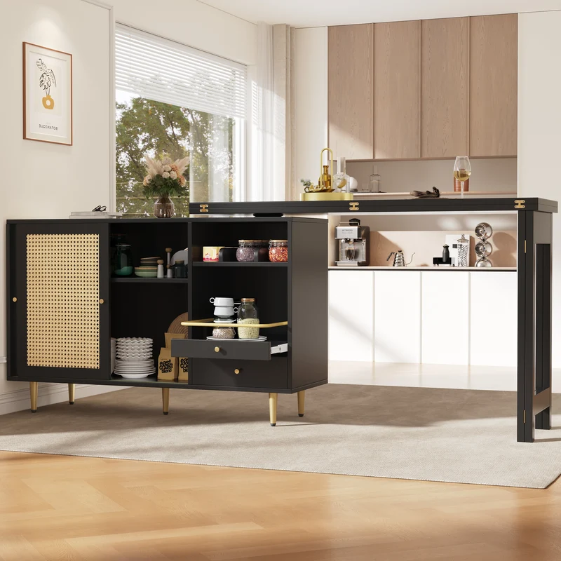Table de salle à manger extensible rotative à 360° noir et meuble de rangement avec porte en rotin 107x40x71,4cm GRODRAK BLACK