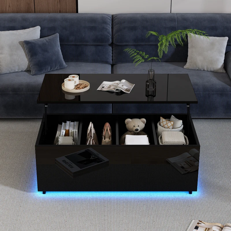 Table basse relevable noire brillante avec éclairage LED 100*50*35 cm OKRUITS BLACK