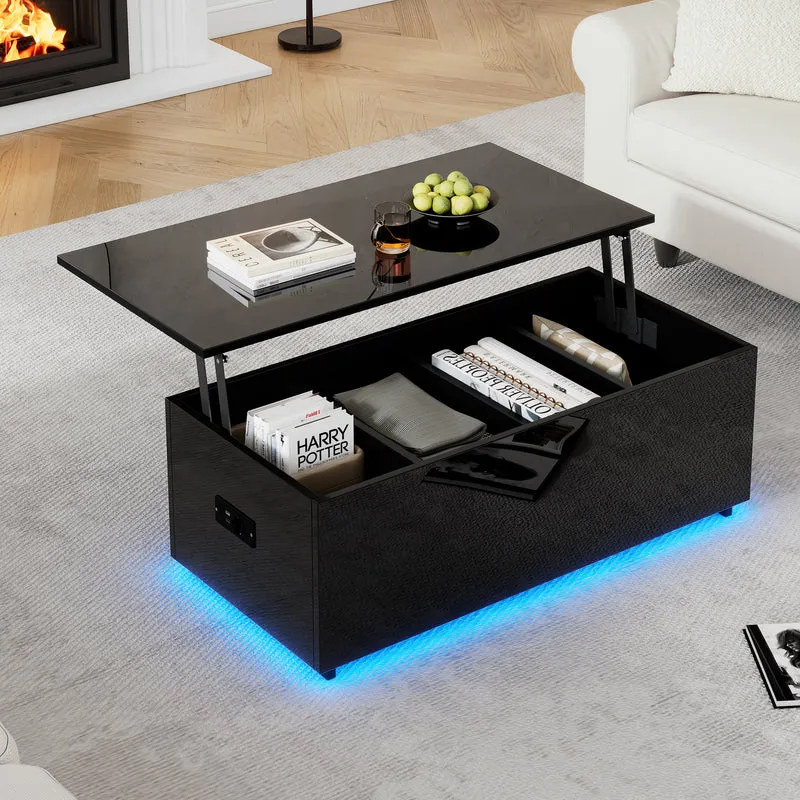 Table basse relevable noire brillante avec éclairage LED 100*50*35 cm OKRUITS BLACK