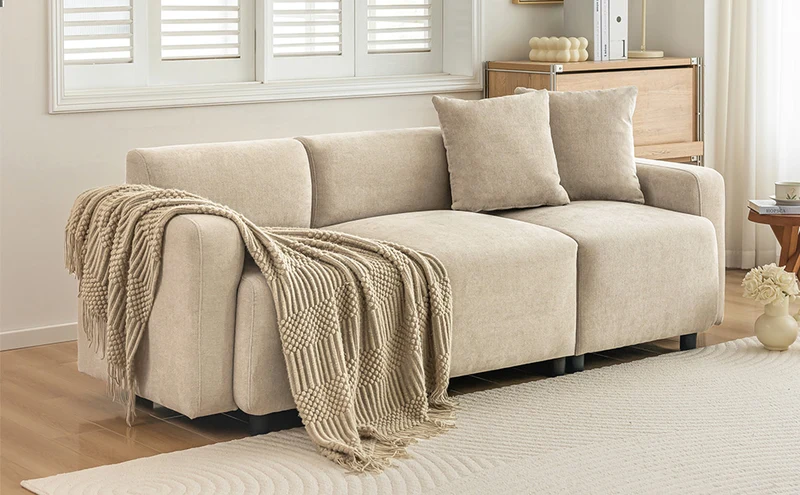 Canapé moderne rembourrés tissu chenille beige 3 places avec coussins SHIDADS BEIGE 3 SEATS