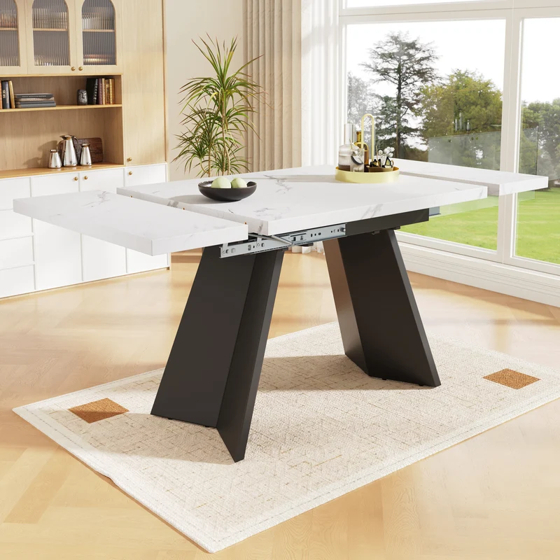 Table de salle à manger table extensible système coulissant effet marbre blanc 99-159cm CAUDRIED