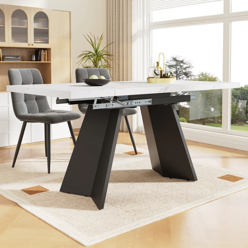 Table de salle à manger table extensible système coulissant effet marbre blanc 99-159cm CAUDRIED