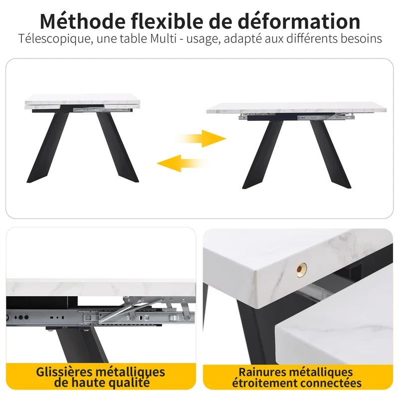 Table de salle à manger table extensible système coulissant effet marbre blanc 99-159cm CAUDRIED