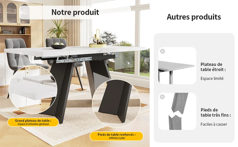 Table de salle à manger table extensible système coulissant effet marbre blanc 99-159cm CAUDRIED