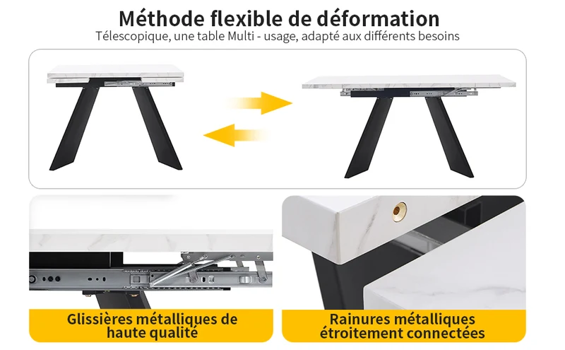 Table de salle à manger table extensible système coulissant effet marbre blanc 99-159cm CAUDRIED