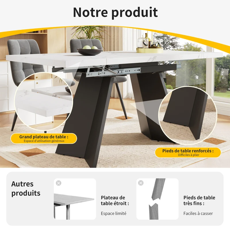 Table de salle à manger table extensible système coulissant effet marbre blanc 99-159cm CAUDRIED