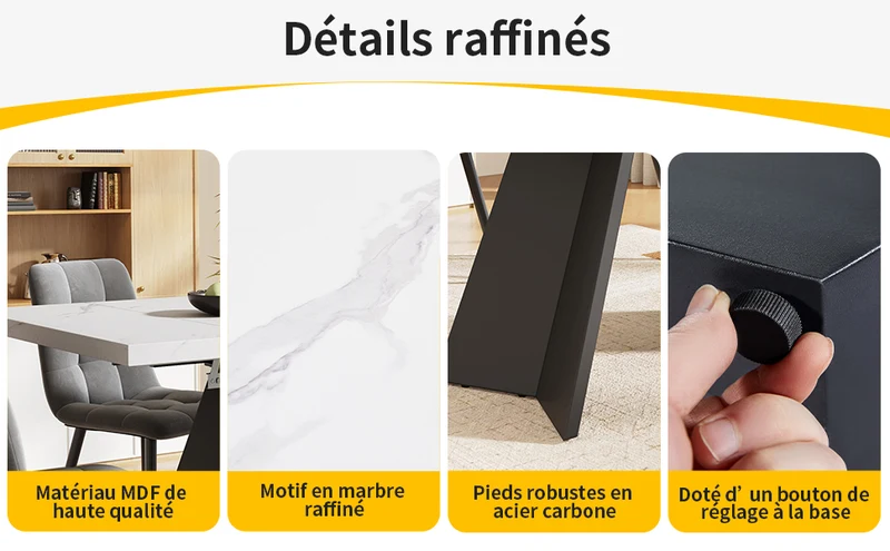 Table de salle à manger table extensible système coulissant effet marbre blanc 99-159cm CAUDRIED