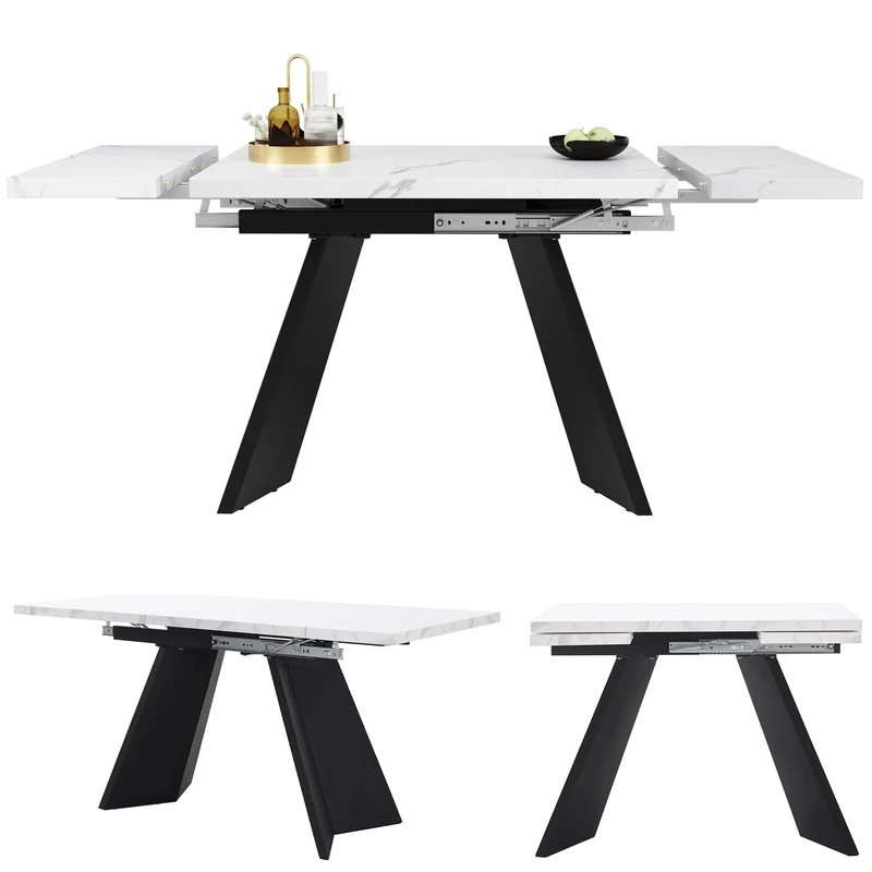 Table de salle à manger table extensible système coulissant effet marbre blanc 99-159cm CAUDRIED