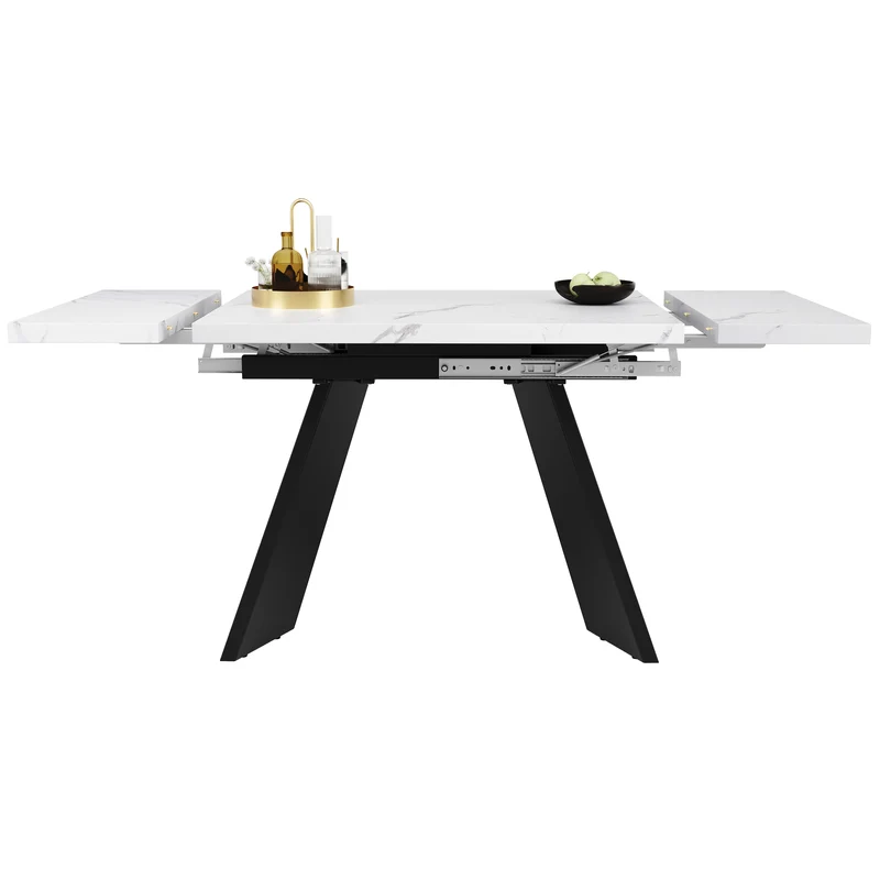 Table de salle à manger table extensible système coulissant effet marbre blanc 99-159cm CAUDRIED
