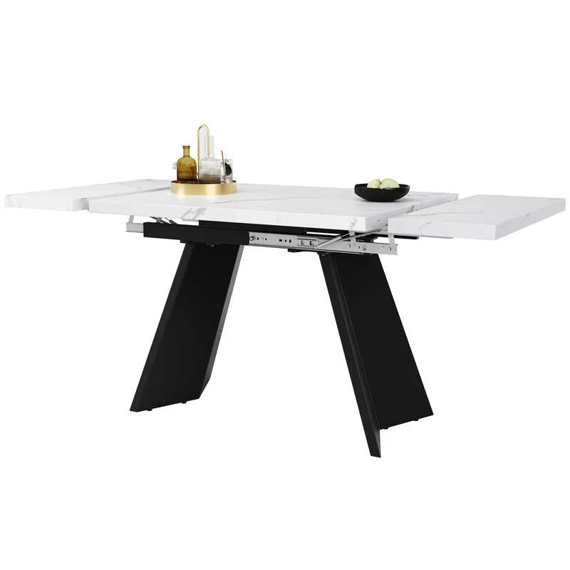 Table de salle à manger table extensible système coulissant effet marbre blanc 99-159cm CAUDRIED