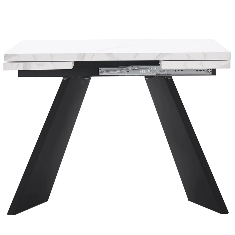 Table de salle à manger table extensible système coulissant effet marbre blanc 99-159cm CAUDRIED