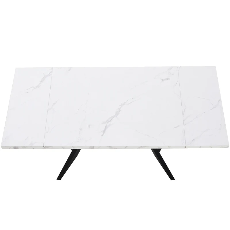 Table de salle à manger table extensible système coulissant effet marbre blanc 99-159cm CAUDRIED