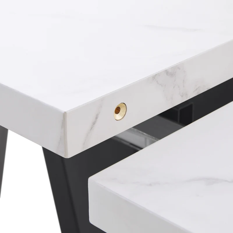 Table de salle à manger table extensible système coulissant effet marbre blanc 99-159cm CAUDRIED