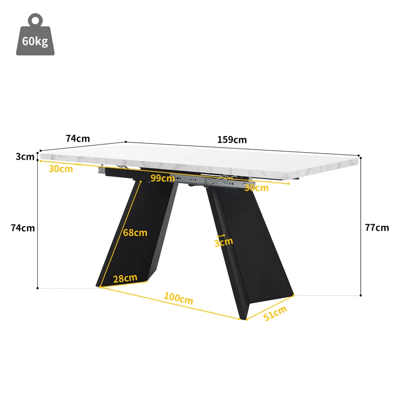 Table de salle à manger table extensible système coulissant effet marbre blanc 99-159cm CAUDRIED