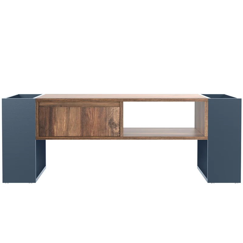 Table basse effet bois 1 tiroir niche ouvert et rangement des 2 côtés anthracite XUGZOIRS