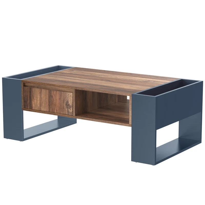 Table basse effet bois 1 tiroir niche ouvert et rangement des 2 côtés anthracite XUGZOIRS