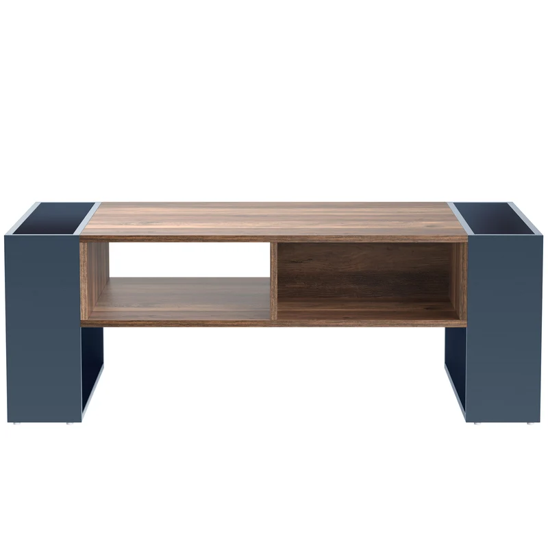 Table basse effet bois 1 tiroir niche ouvert et rangement des 2 côtés anthracite XUGZOIRS