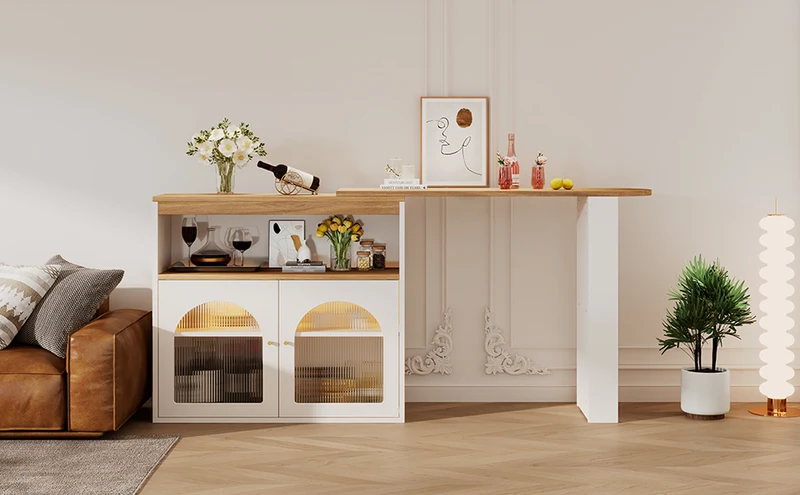 Table de bar extensible rotative moderne blanc avec rangement et bande lumineuse LED THRUTELS WHITE