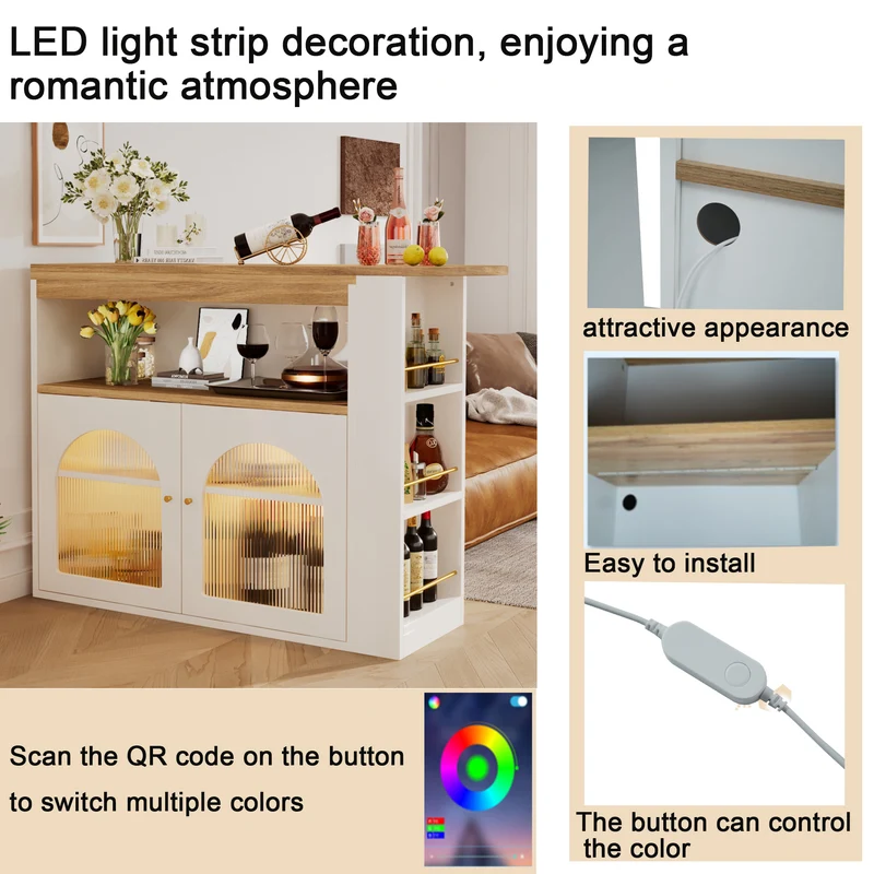 Table de bar extensible rotative moderne blanc avec rangement et bande lumineuse LED THRUTELS WHITE
