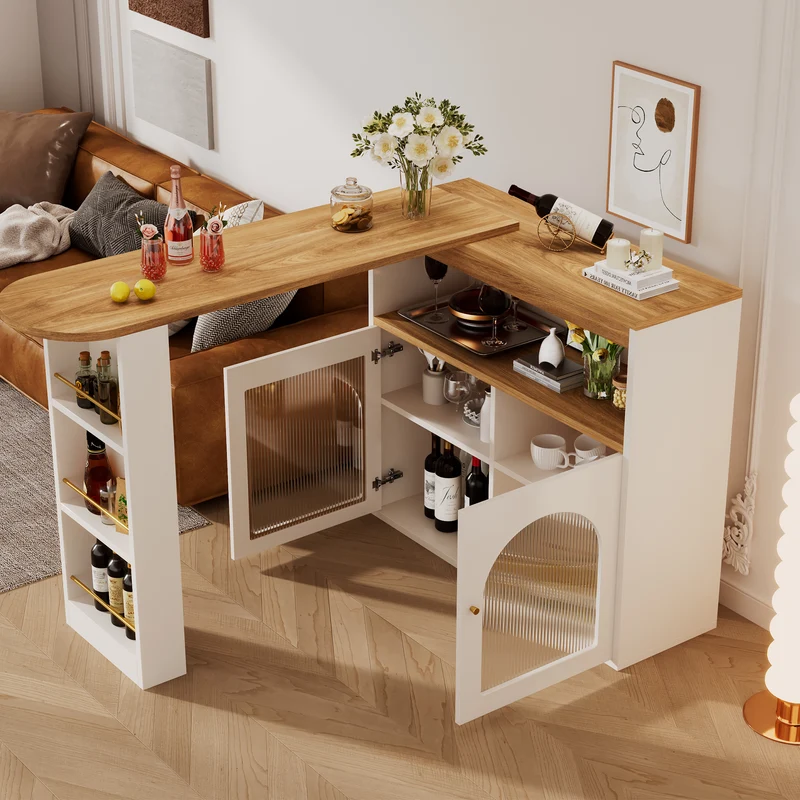 Table de bar extensible rotative moderne blanc avec rangement et bande lumineuse LED THRUTELS WHITE