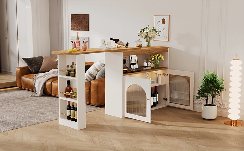 Table de bar extensible rotative moderne blanc avec rangement et bande lumineuse LED THRUTELS WHITE