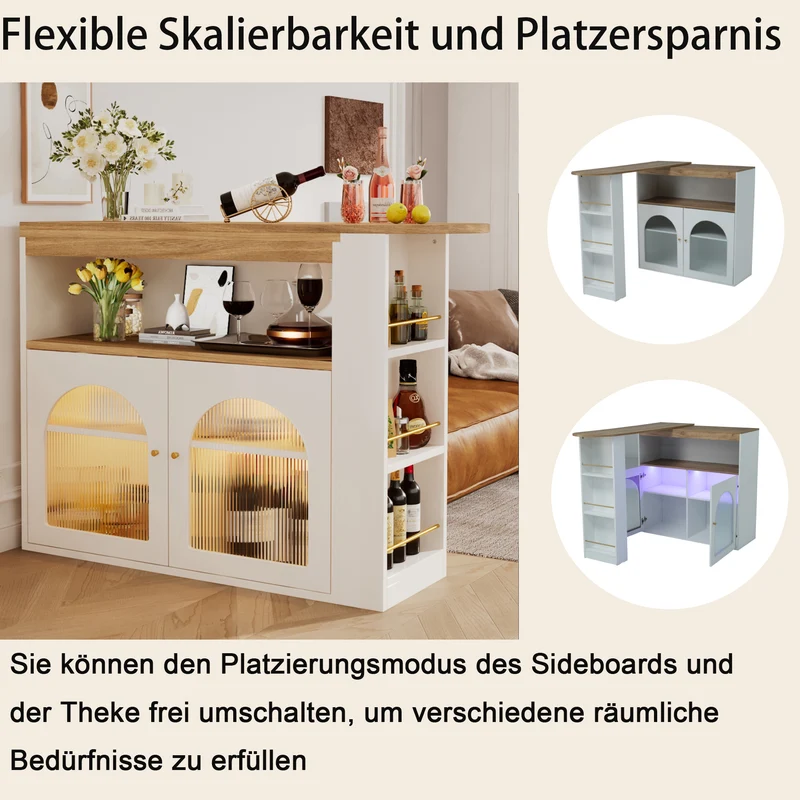 Table de bar extensible rotative moderne blanc avec rangement et bande lumineuse LED THRUTELS WHITE