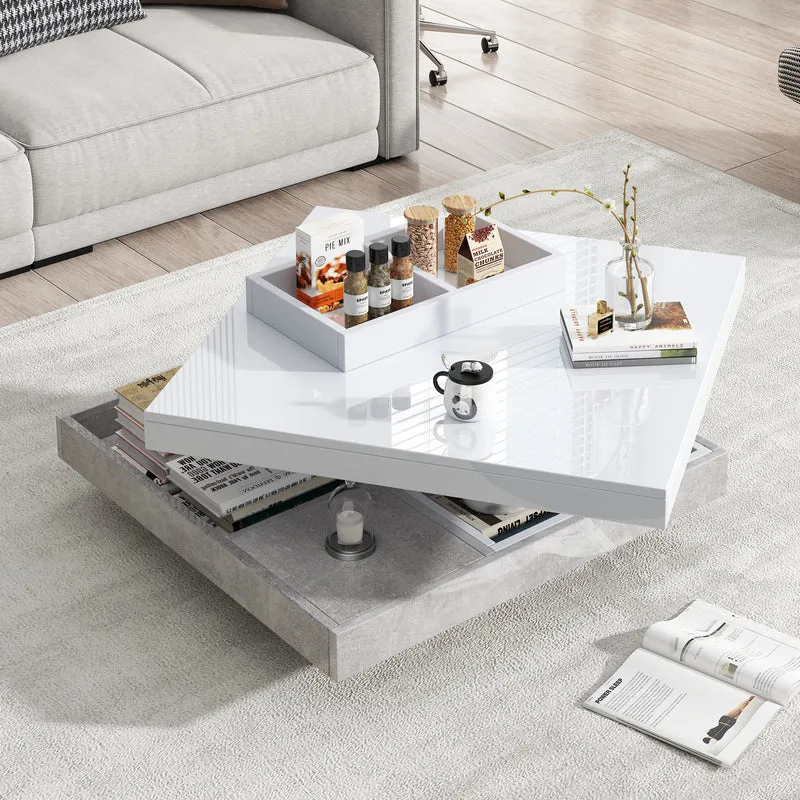 Table basse double plateau brillant pivotant à 360° en blanc et effet marbre grise clair 70*70cm ACHO